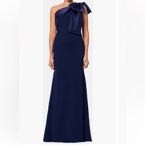 Betsy & Adam Carmela Bow One Shoulder Crepe Mermaid Gown Maxi Dress Navy Blue